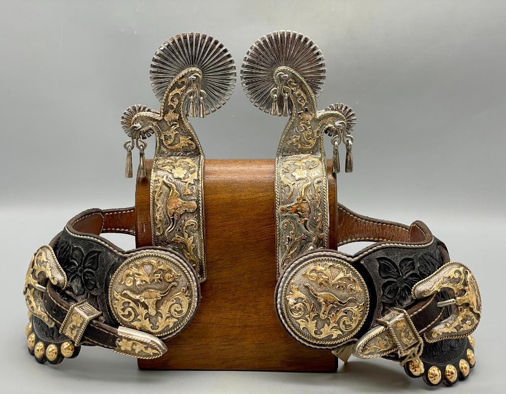 Extra Fancy Tom Mix Style Spurs And Straps With 14K Gold And Sterling Silver