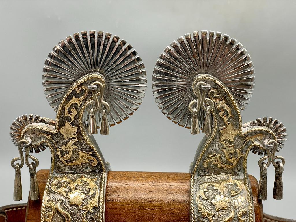 Extra Fancy Tom Mix Style Spurs And Straps With 14K Gold And Sterling Silver