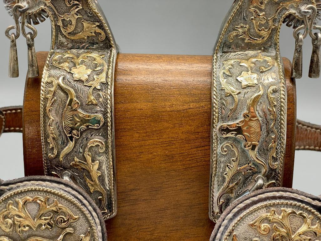 Extra Fancy Tom Mix Style Spurs And Straps With 14K Gold And Sterling Silver