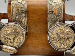 Extra Fancy Tom Mix Style Spurs And Straps With 14K Gold And Sterling Silver