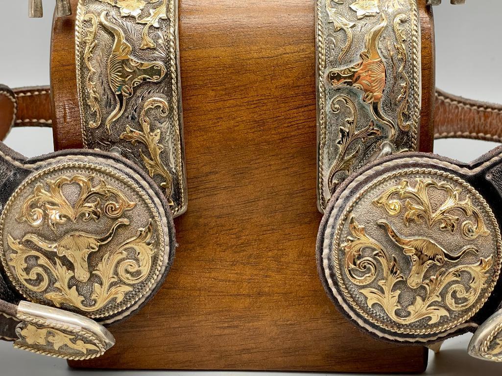 Extra Fancy Tom Mix Style Spurs And Straps With 14K Gold And Sterling Silver