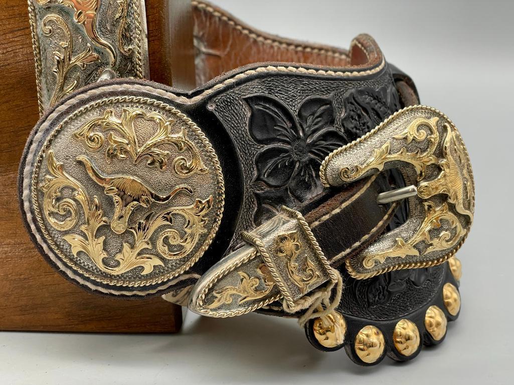 Extra Fancy Tom Mix Style Spurs And Straps With 14K Gold And Sterling Silver