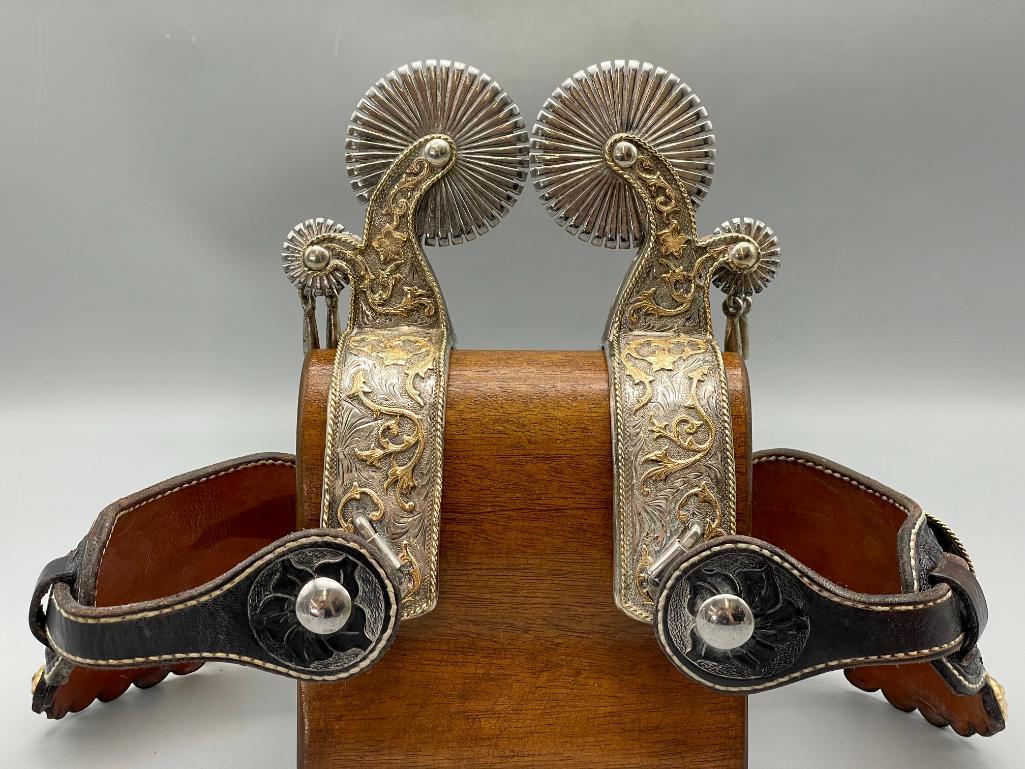 Extra Fancy Tom Mix Style Spurs And Straps With 14K Gold And Sterling Silver