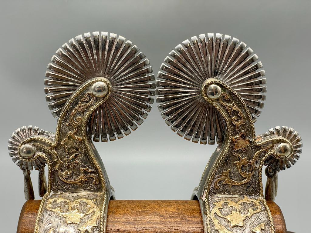 Extra Fancy Tom Mix Style Spurs And Straps With 14K Gold And Sterling Silver