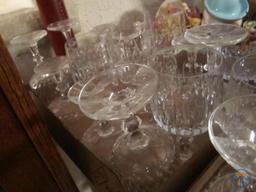 Matching stemware, cake stand, and other dessert dishes