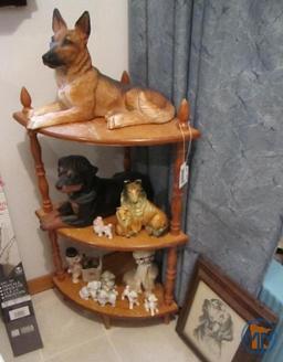 Wood corner shelf, dog picture with hidden door, and dog figurines