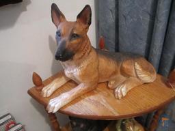 Wood corner shelf, dog picture with hidden door, and dog figurines