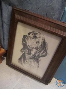 Wood corner shelf, dog picture with hidden door, and dog figurines