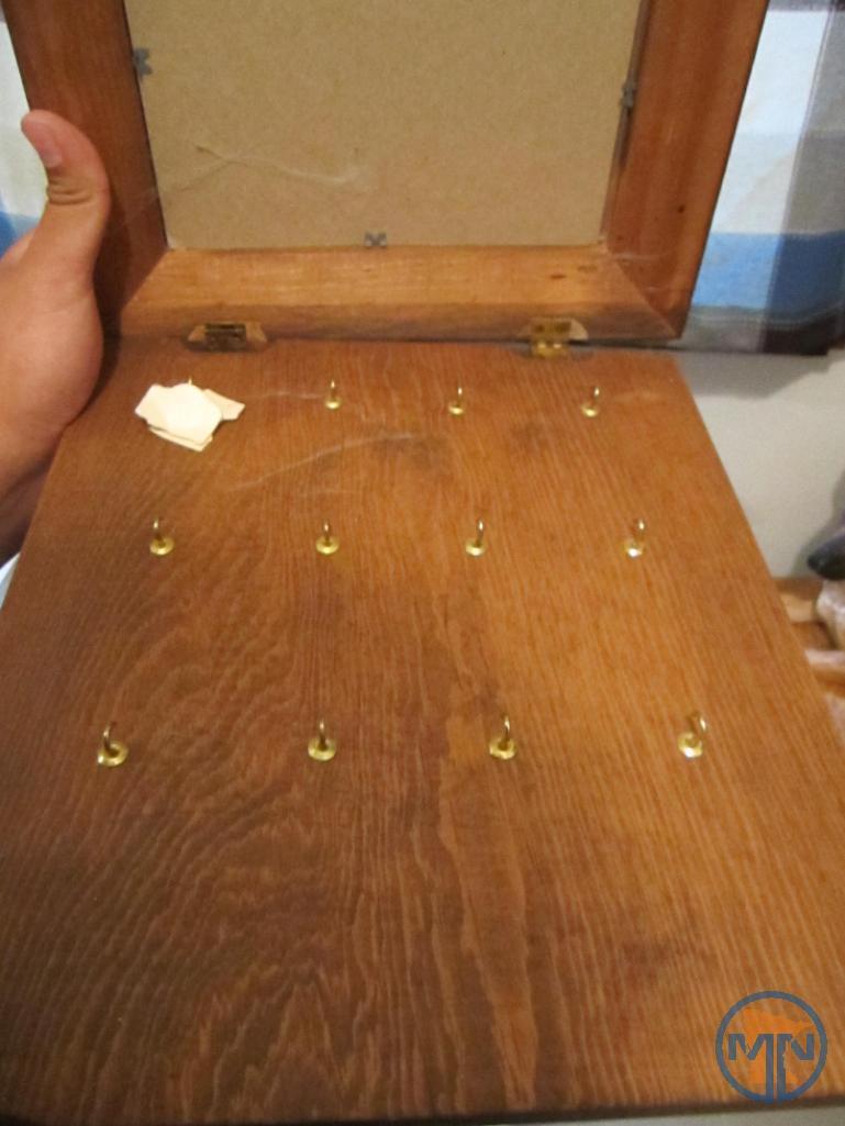 Wood corner shelf, dog picture with hidden door, and dog figurines