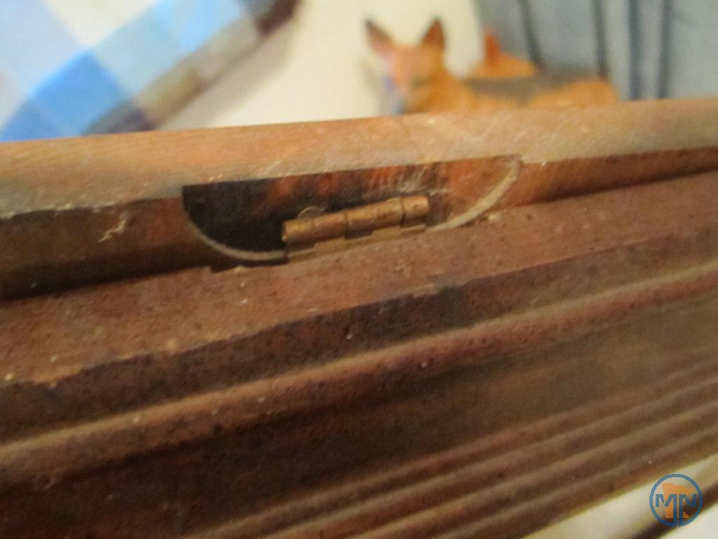 Wood corner shelf, dog picture with hidden door, and dog figurines