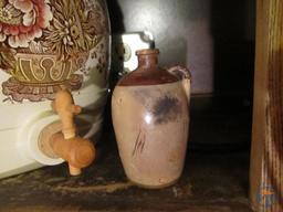 (2) Crocks, stoneware drink dispenser, glass jar with crock design