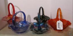 (5) carnival glass baskets, various colors