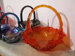 (5) carnival glass baskets, various colors