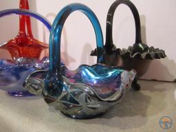 (5) carnival glass baskets, various colors