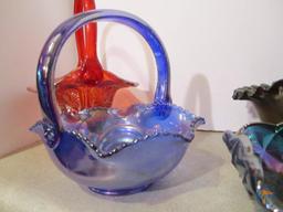 (5) carnival glass baskets, various colors