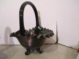 (5) carnival glass baskets, various colors