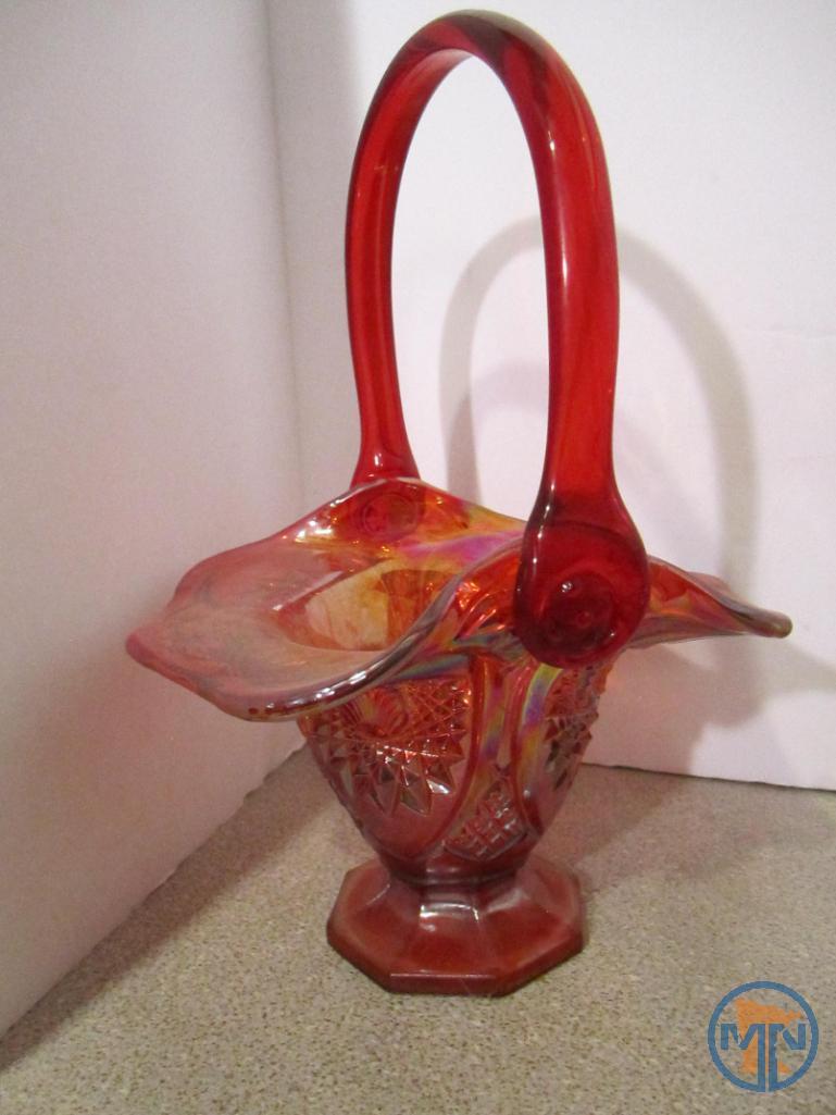 (5) carnival glass baskets, various colors