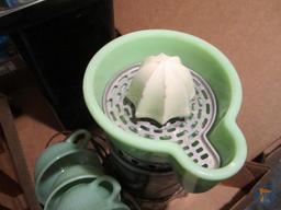 Fire King jadeite cups, Sunkist juicer, cherry syrup dispenser