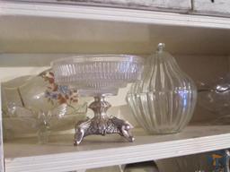 Clear glassware: covered pear dish, lighter, and other dishes