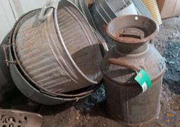 Milk can, (2) galvanized tubs and galvanized bushel basket