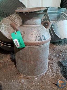 Milk can, (2) galvanized tubs and galvanized bushel basket