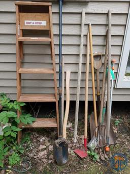Werner 5' wood step ladder and garden tools