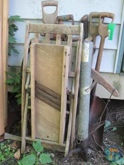 Garden tools, wood folding chair, kraut kutter