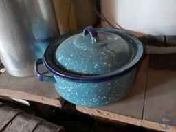 Enamel cookware, copper chafing dish and aluminum 4 qt. canister