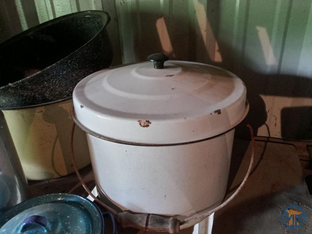 Enamel cookware, copper chafing dish and aluminum 4 qt. canister