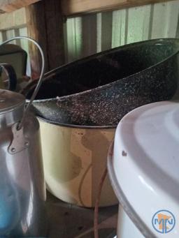 Enamel cookware, copper chafing dish and aluminum 4 qt. canister