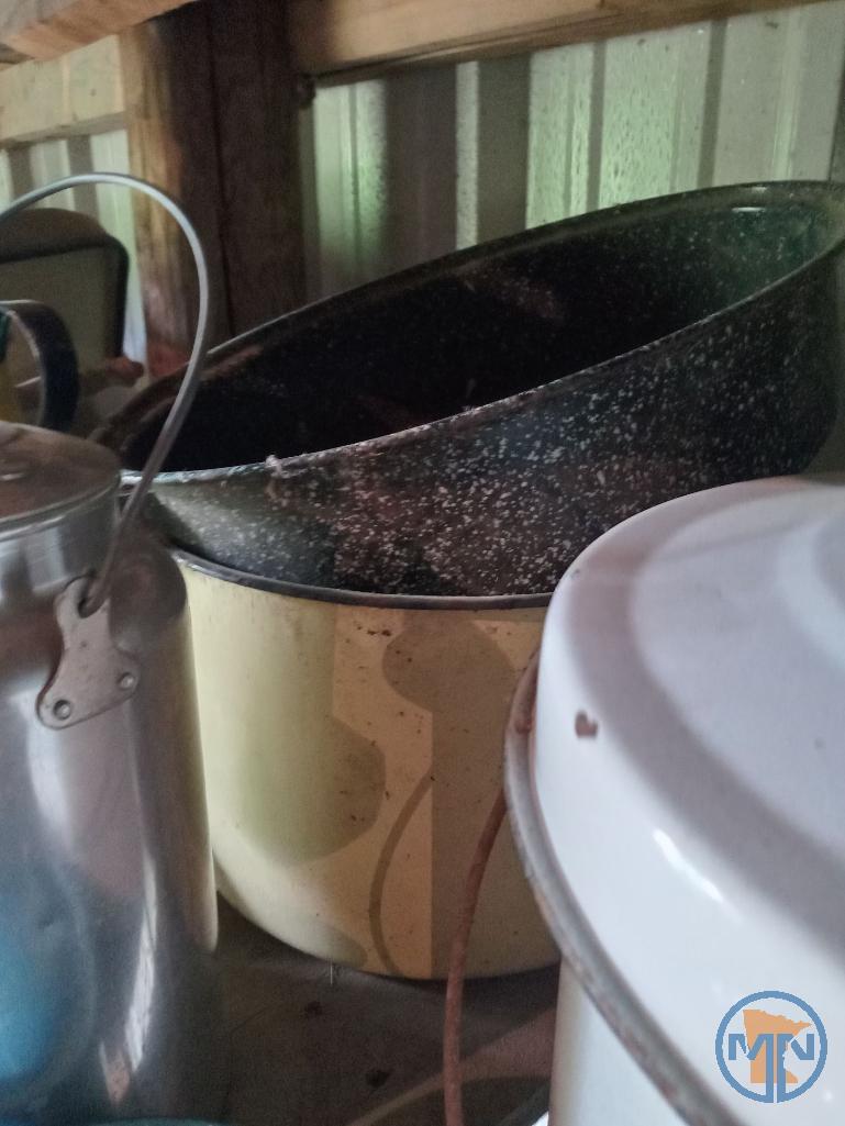 Enamel cookware, copper chafing dish and aluminum 4 qt. canister