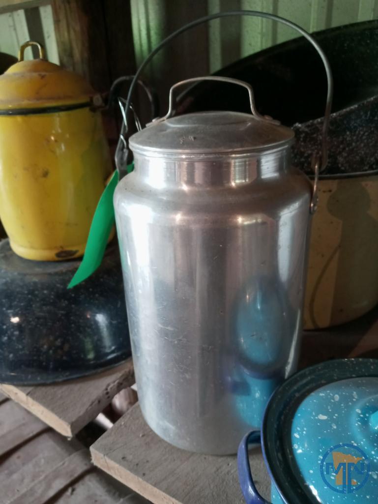 Enamel cookware, copper chafing dish and aluminum 4 qt. canister