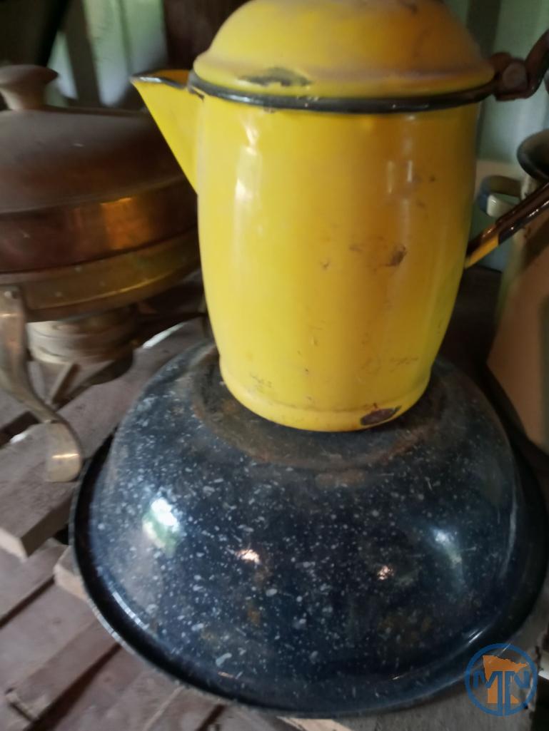Enamel cookware, copper chafing dish and aluminum 4 qt. canister