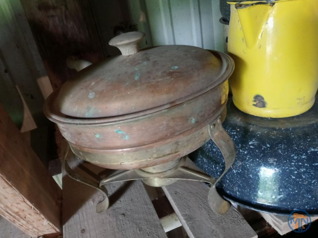 Enamel cookware, copper chafing dish and aluminum 4 qt. canister