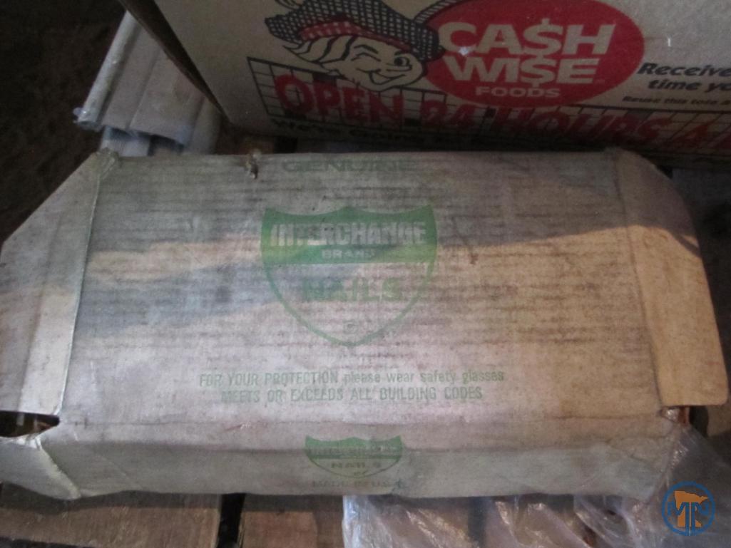 Contents of pallet: wet/dry vacuum, hardware, door thresholds, extension cords, work light