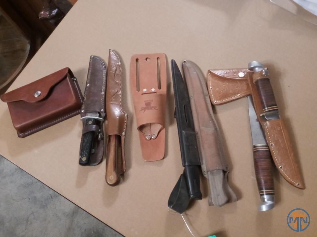 Hatchet with knife and (3) other knives