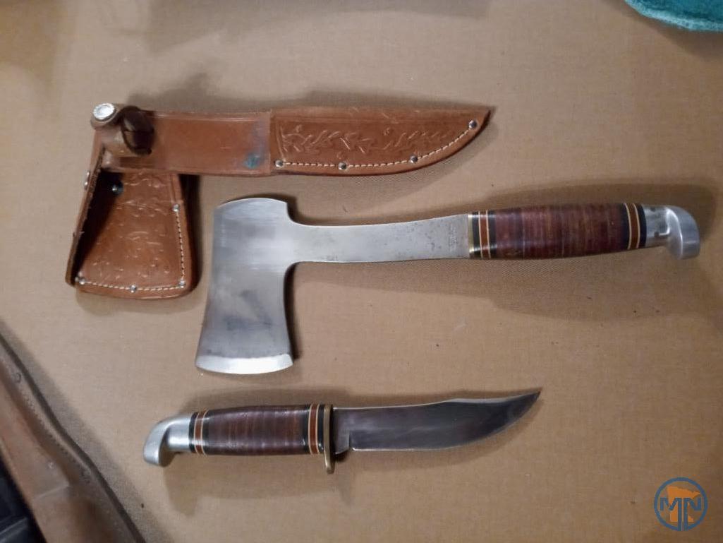 Hatchet with knife and (3) other knives