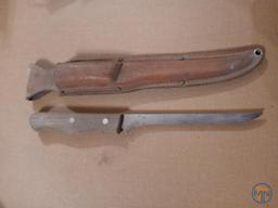 Hatchet with knife and (3) other knives