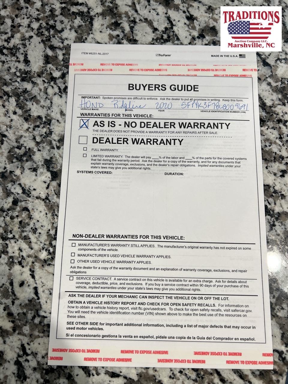 2020 Honda Ridgeline AWD V6 RTL E VIN 9691