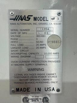 Haas VF3 VMC, S/N: 15354, 360-4480V, 3 PH, 50/60 Htz, Fill Load: 20 Amps, Largest Load: 20 Amps