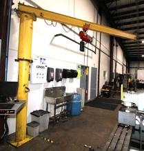 CUSTOM PEDESTAL JIB CRANE, 1/2 T. CAP., w/ 1/2 T. electric chain hoist