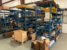 LOT OF ADJUSTABLE METAL SHELVING SECTIONS (7), blue in color, contents not included