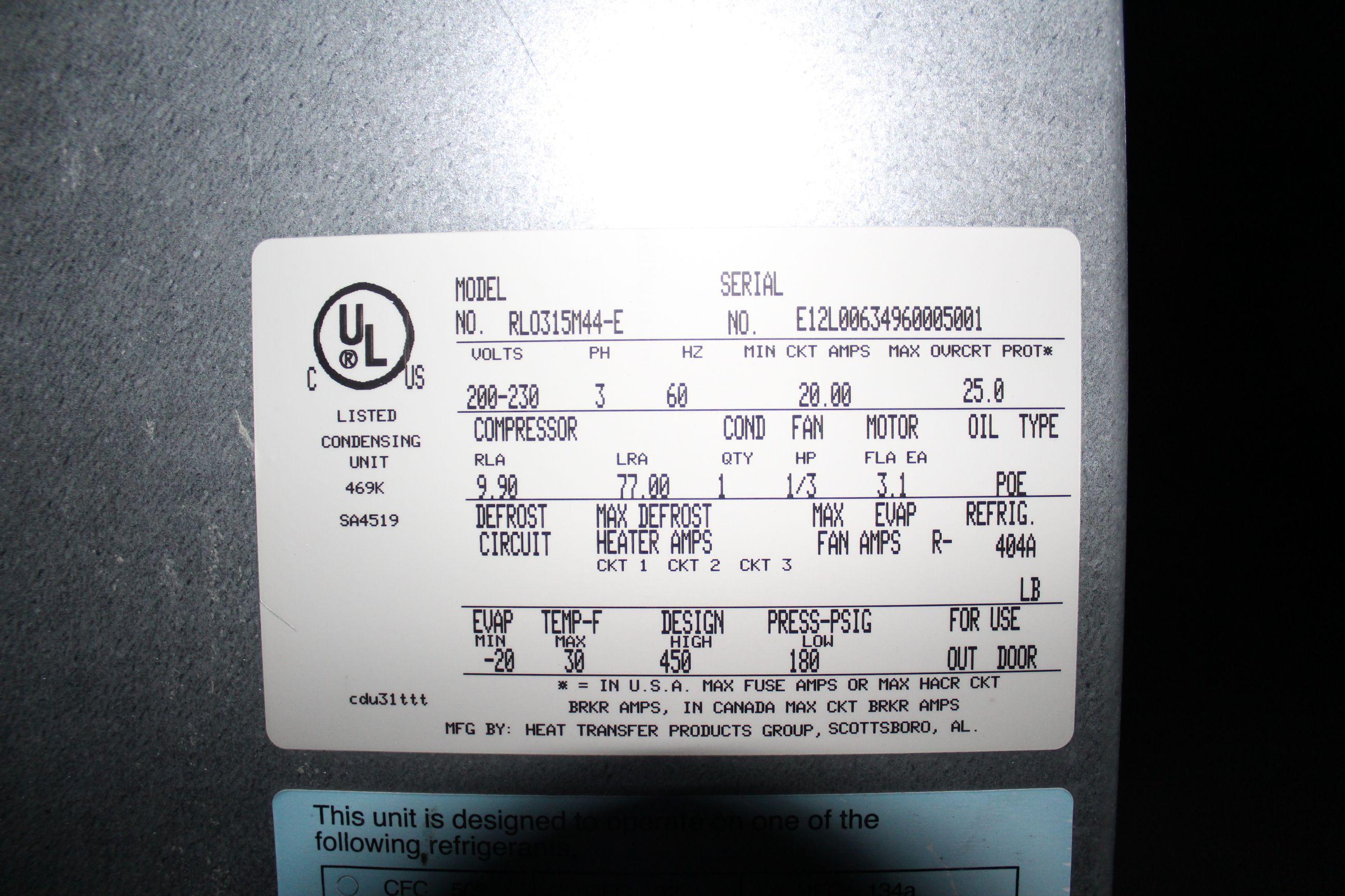 Russell Compressor Model Hl0315m44-e Serial E12l00634960005001 3-phase -20° To 30°