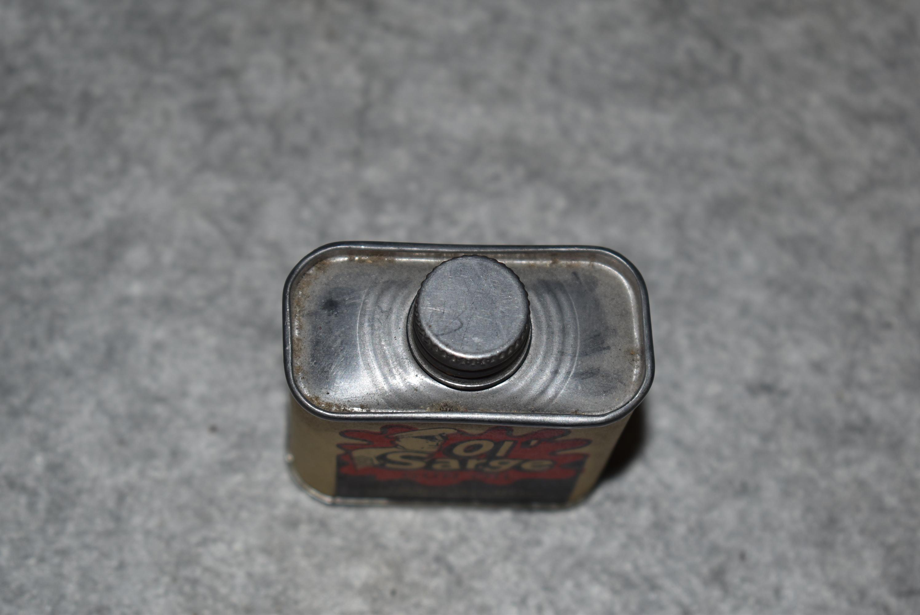 Ol’ Sarge Gun Oil Can – Red/White & Black Color – Appears Full