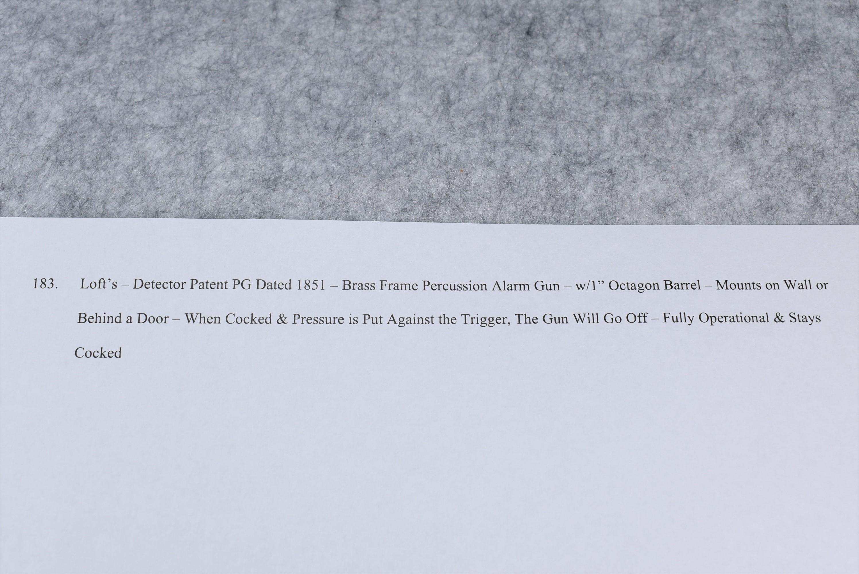 Loft’s – Detector Patent PG Dated 1851 – Brass Frame Percussion Alarm Gun