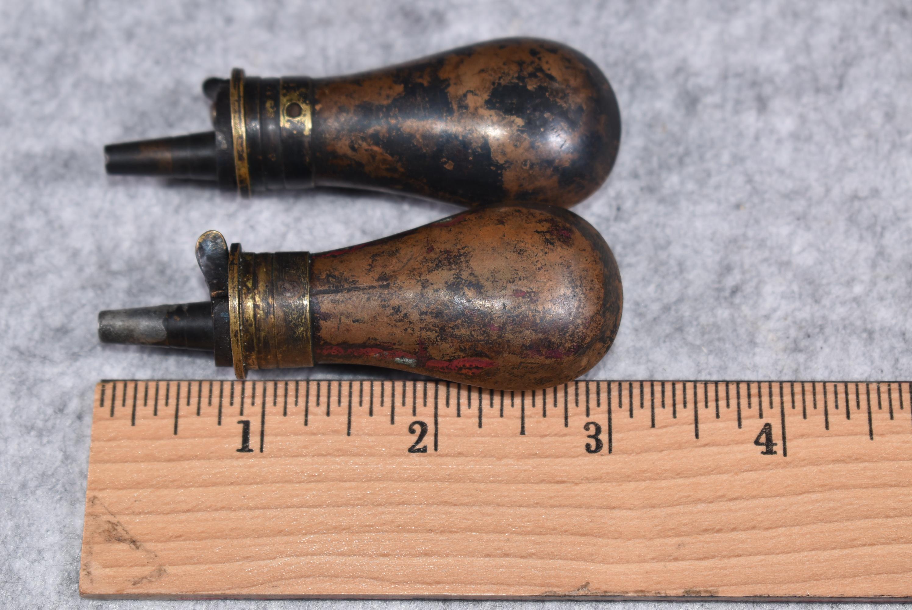3 Small Powder Flasks – 2 Matching Marked Sykes