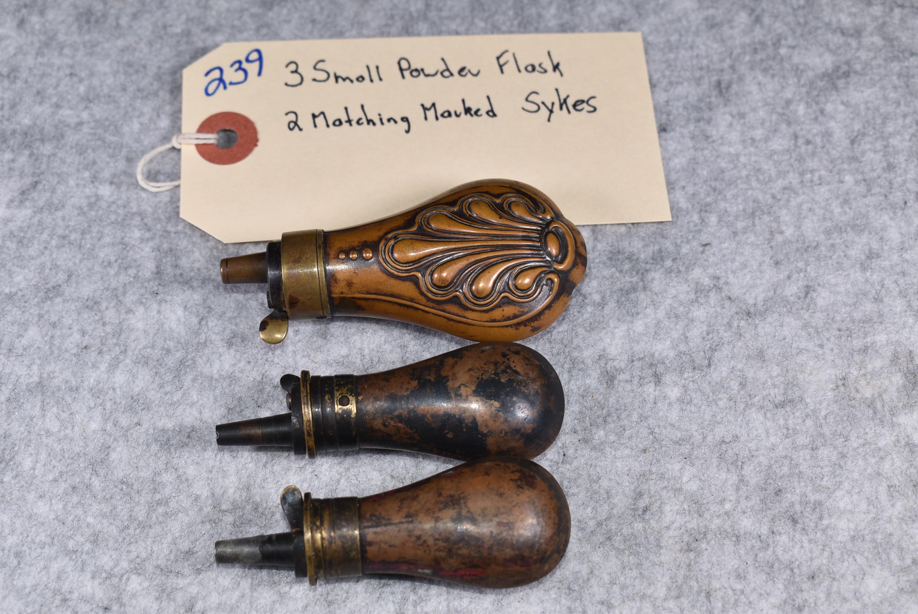 3 Small Powder Flasks – 2 Matching Marked Sykes