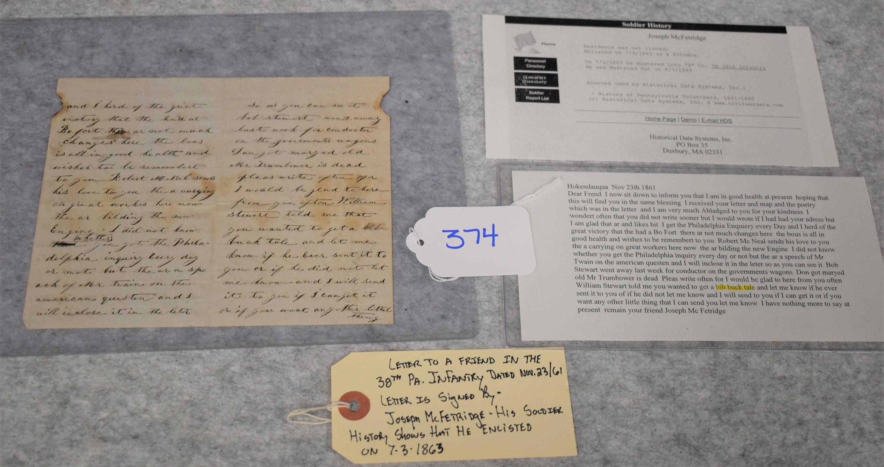 Letter to a Friend in the 38th PA Inf. Dated November 23, 1861