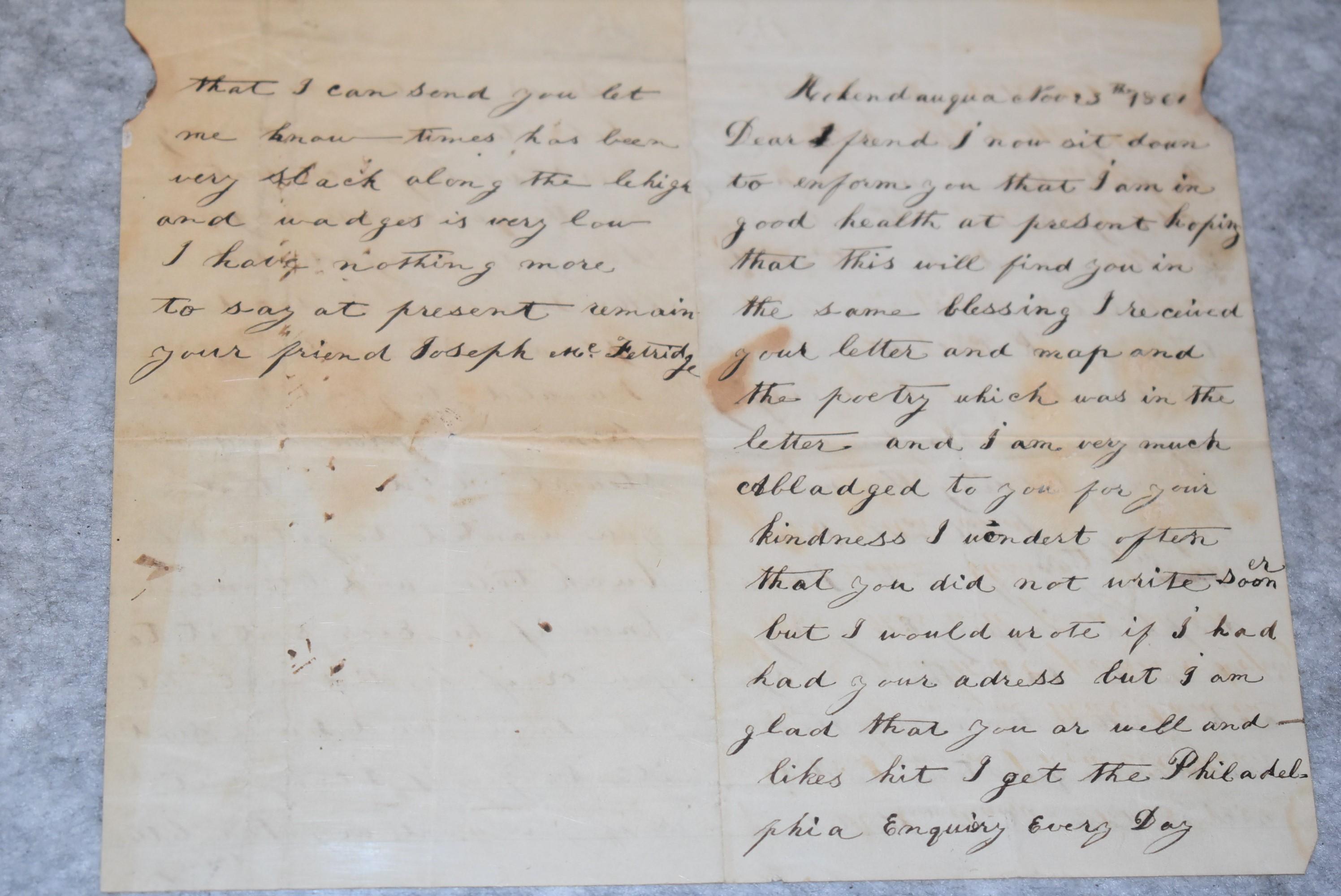 Letter to a Friend in the 38th PA Inf. Dated November 23, 1861