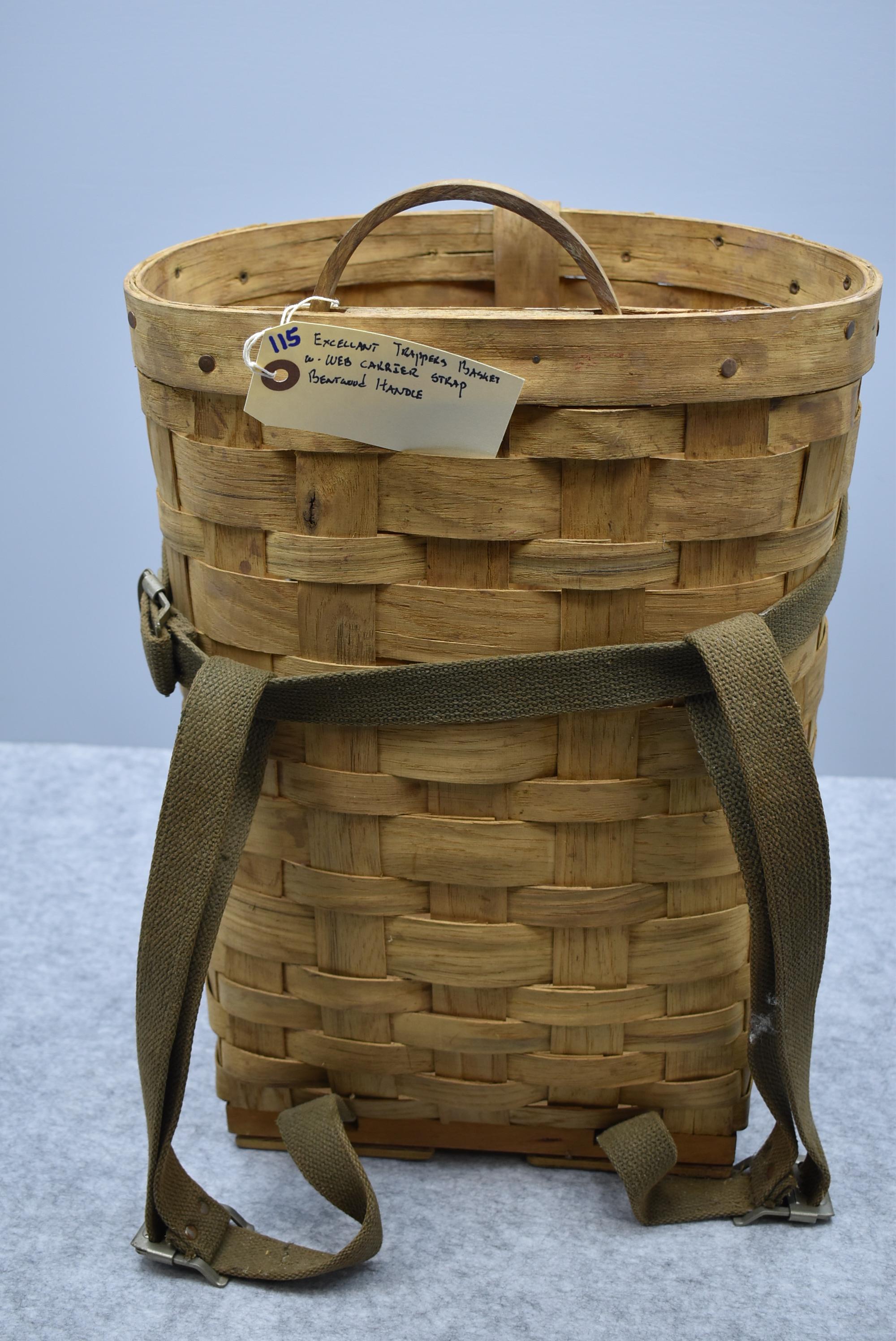 Excellent Trappers Basket w/Web Carrier Strap & Bentwood Handle
